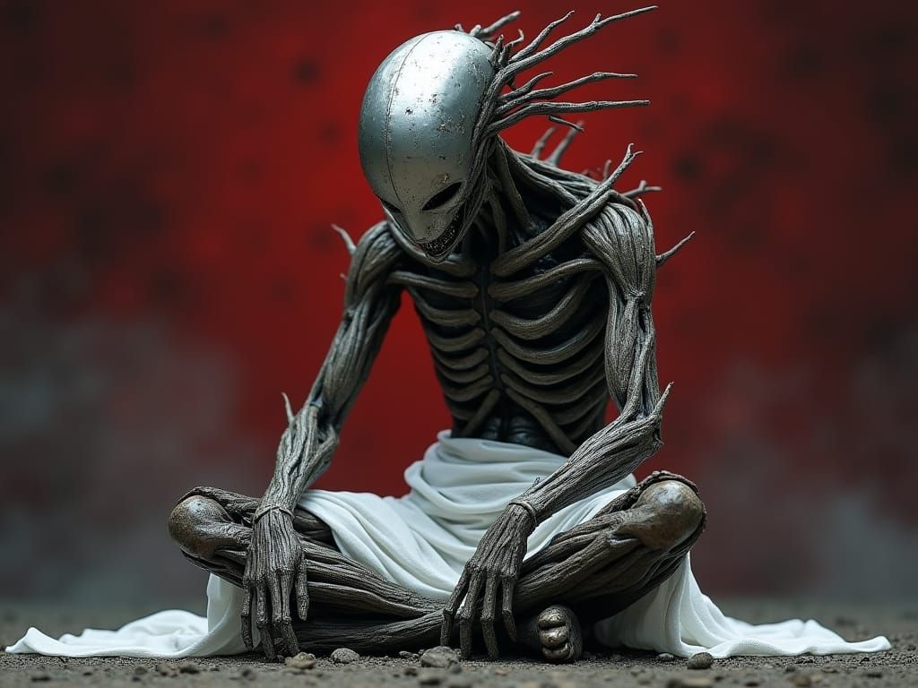 Melancholy Figure of Branches and Metal in Red and Grey