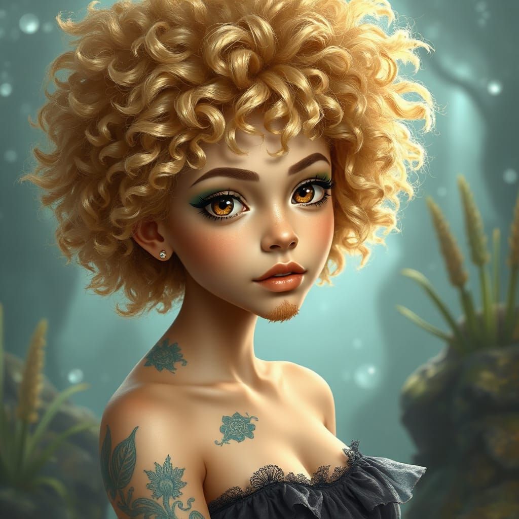 Tall, Petite Emo Human with Frizzy Blonde Afro and Hazel Eye...