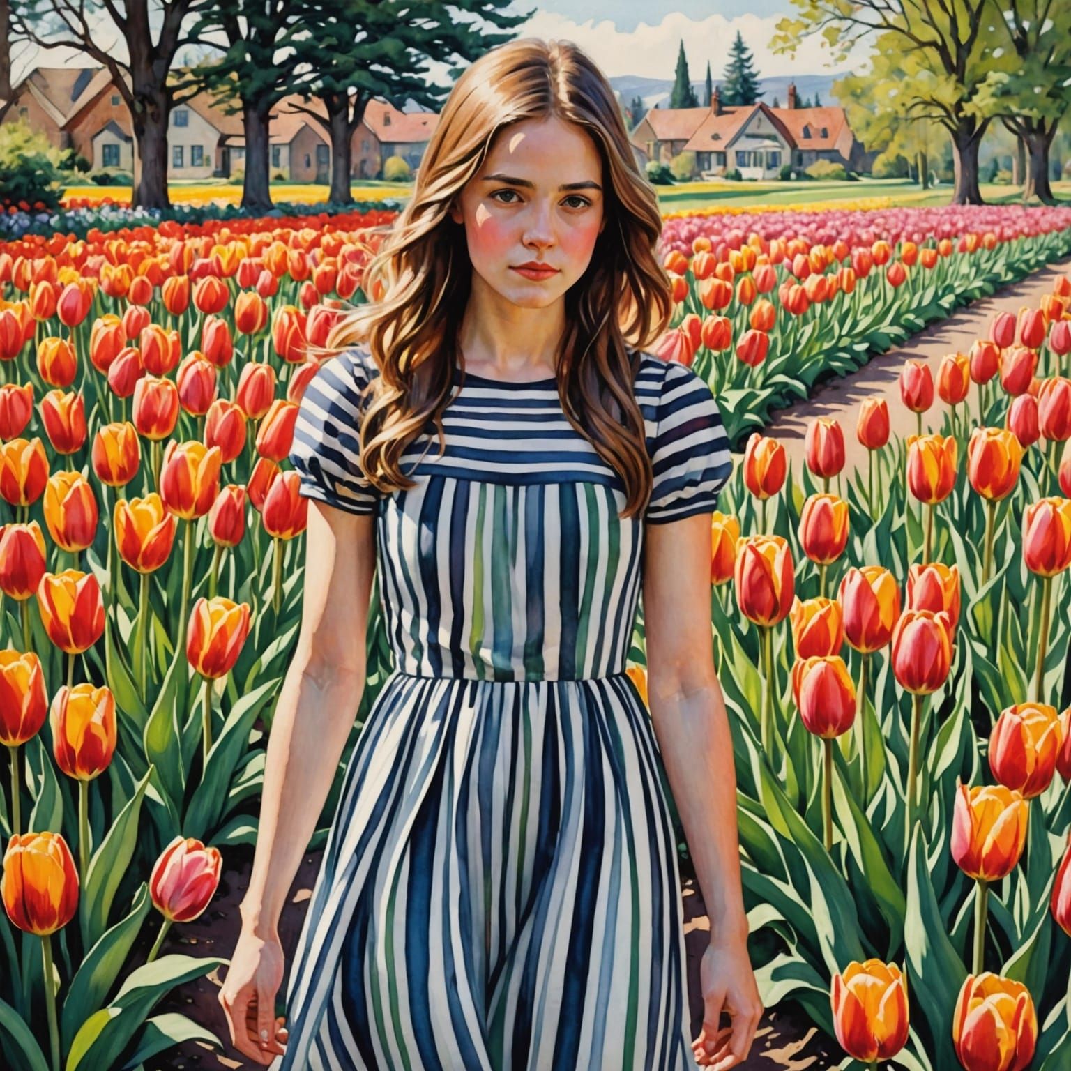 Vibrant Tulip Scene in Whimsical Watercolor Style