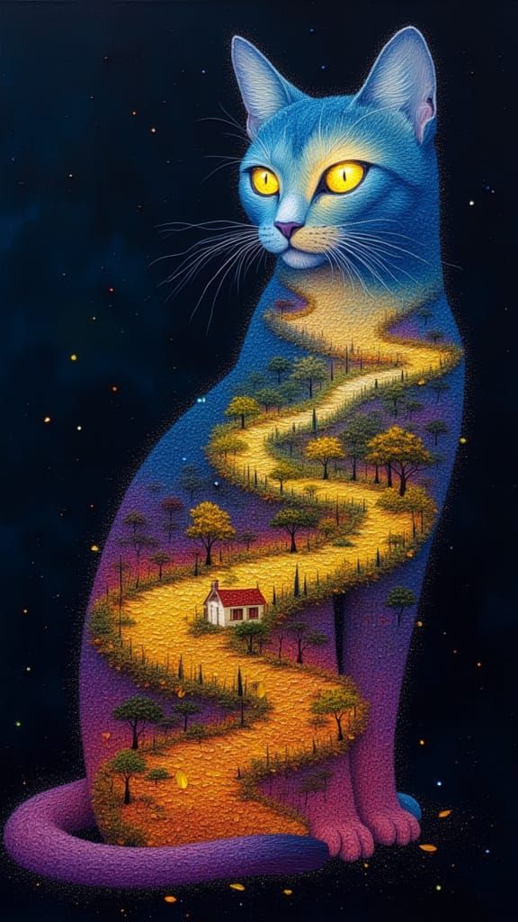 Ghostly Cat Hologram with Autumn Microcosm