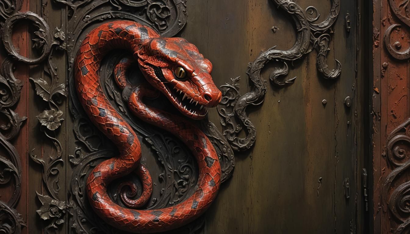 Red Snake Guardian of Iron Door in Fantasy Illustration