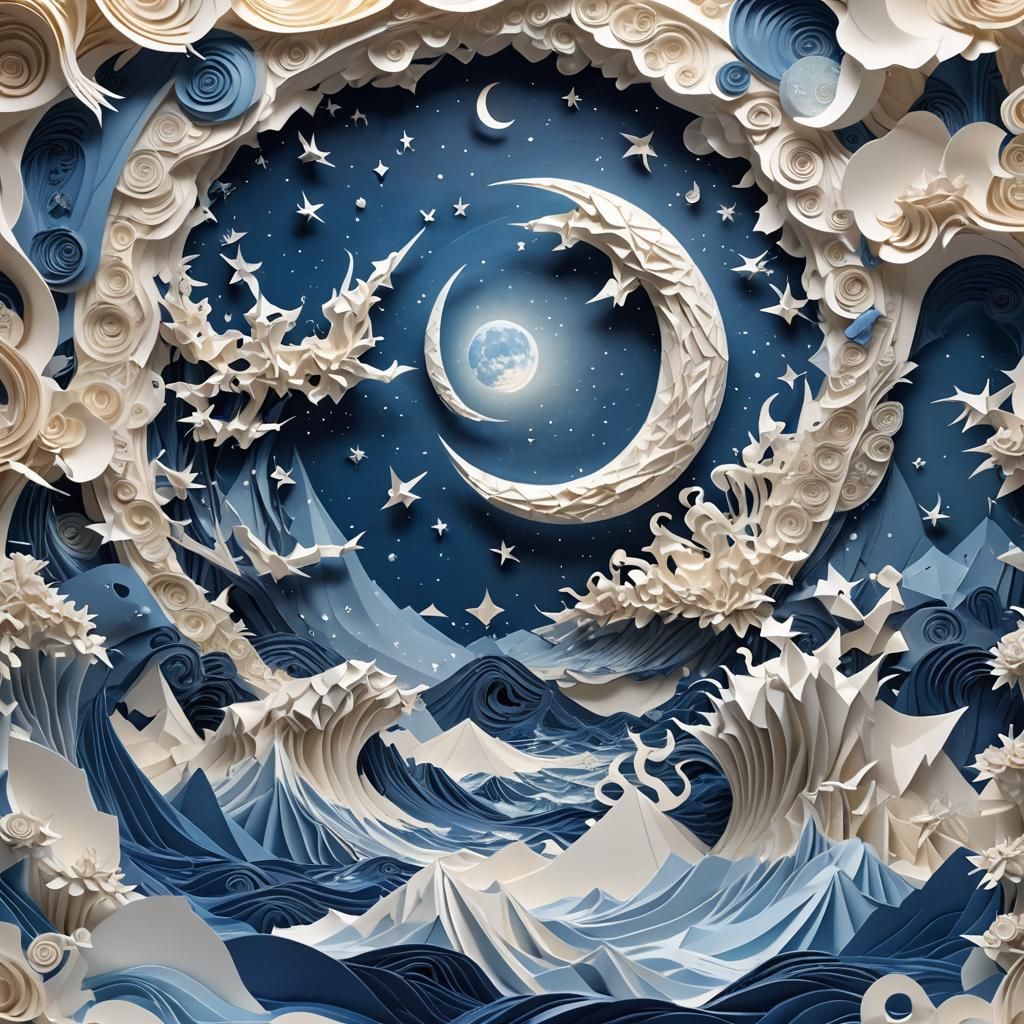 Origami Ocean with Moon, Detailed Matte Painting