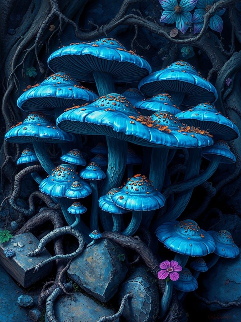 Surreal Iridescent Mushrooms in Dreamlike Landscape