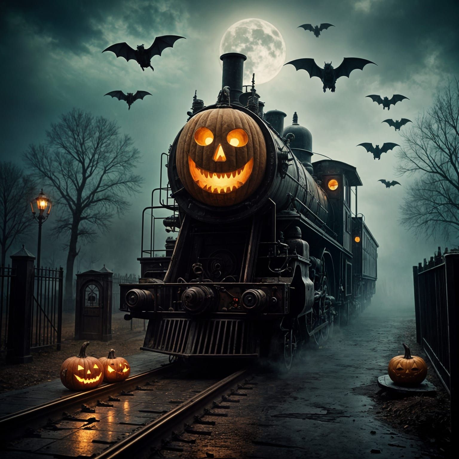 Steampunk Sugar Skull Pumpkin Train in Graveyard