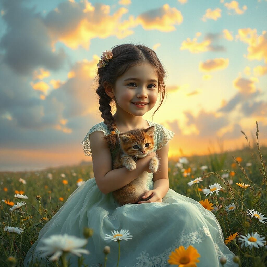 Dreamy Landscape with Girl and Kitten in a Field of Wildflow...