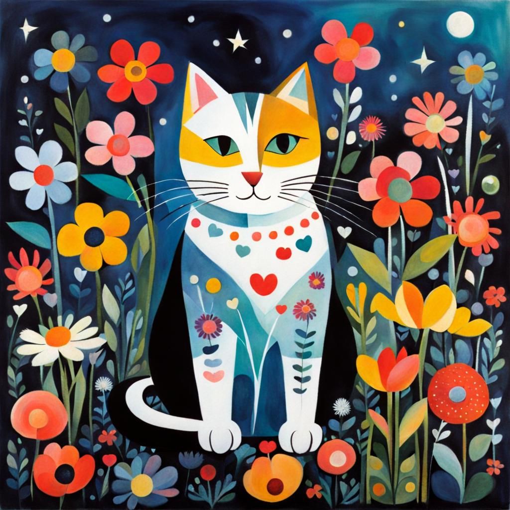 Cute Cat Surrounded by Flowers: Naive Art Style