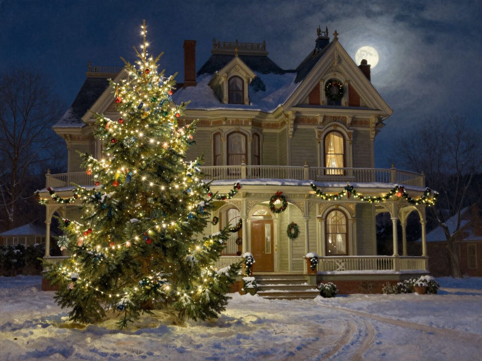 Victorian Mansion Christmas Night Scene