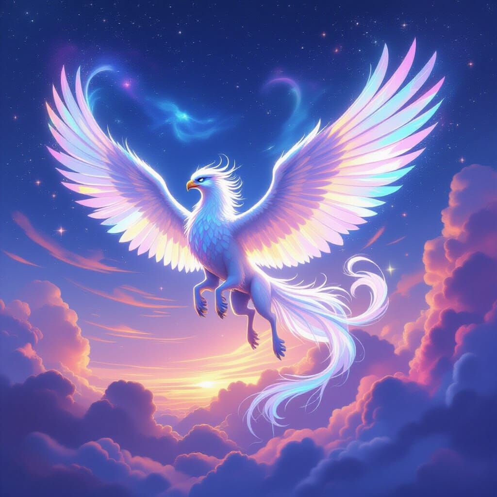 Iridescent Griffin Soars Through Nebula Sky in Digital Paint...