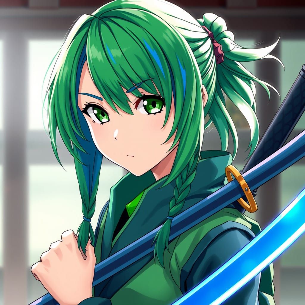 Anime Woman in Vibrant Ninja Attire Wields Blue Katana