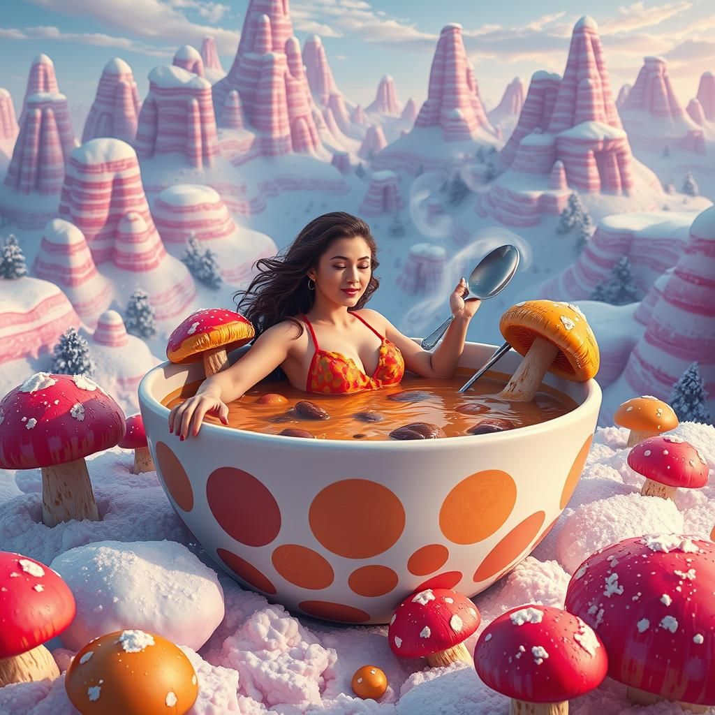 Surreal Mushroom Soup Swim: Pop Art Winter Scene