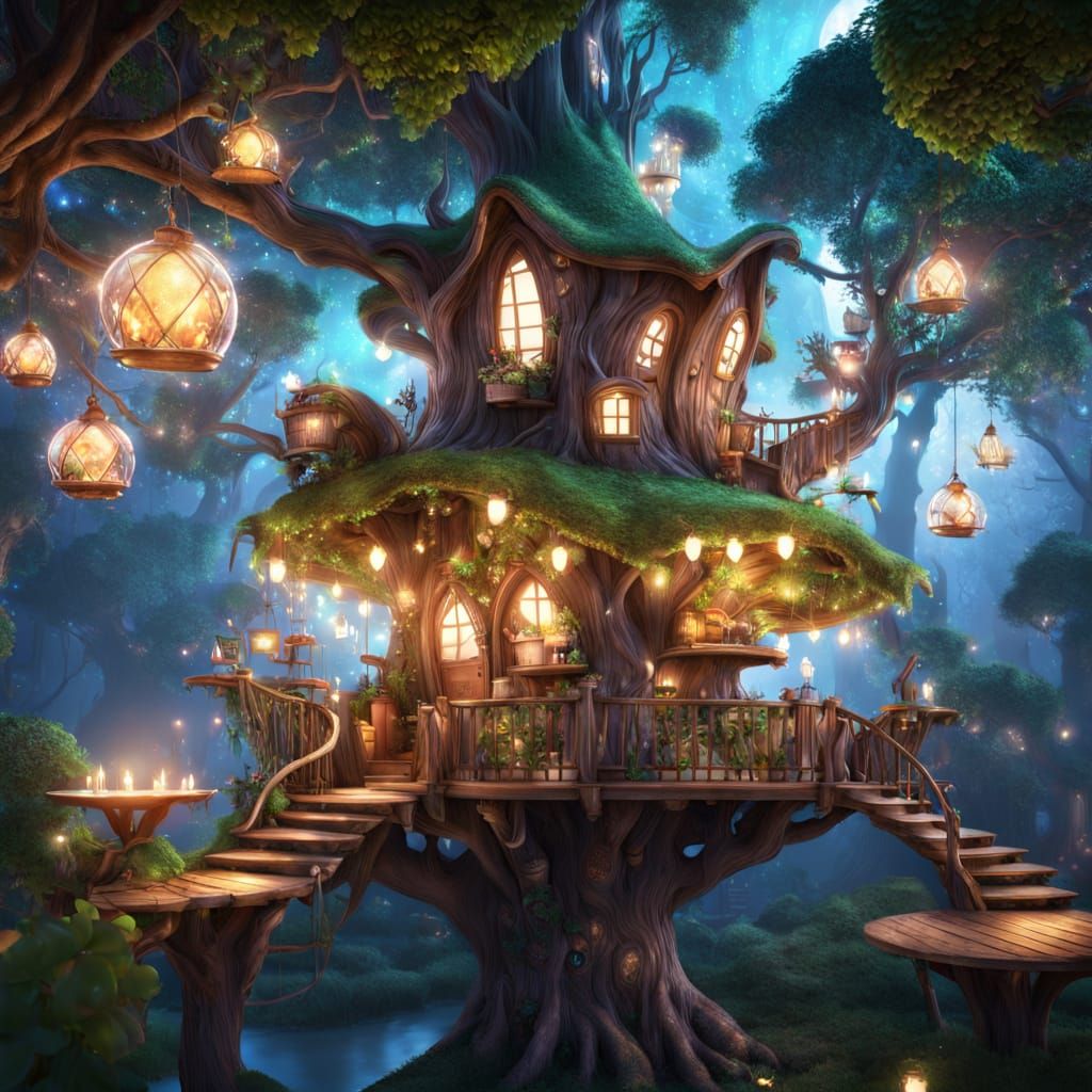 Enchanted Treehouse Cafe with Magic Lights