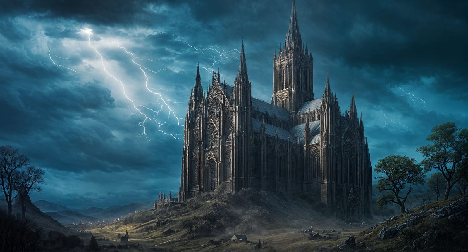 Ruined Gothic Cathedral in Dramatic Dark Fantasy Style