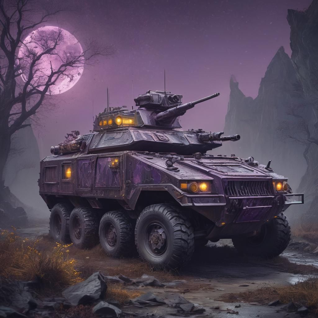 Surreal Dark Fantasy Armored Vehicle in Moonlight