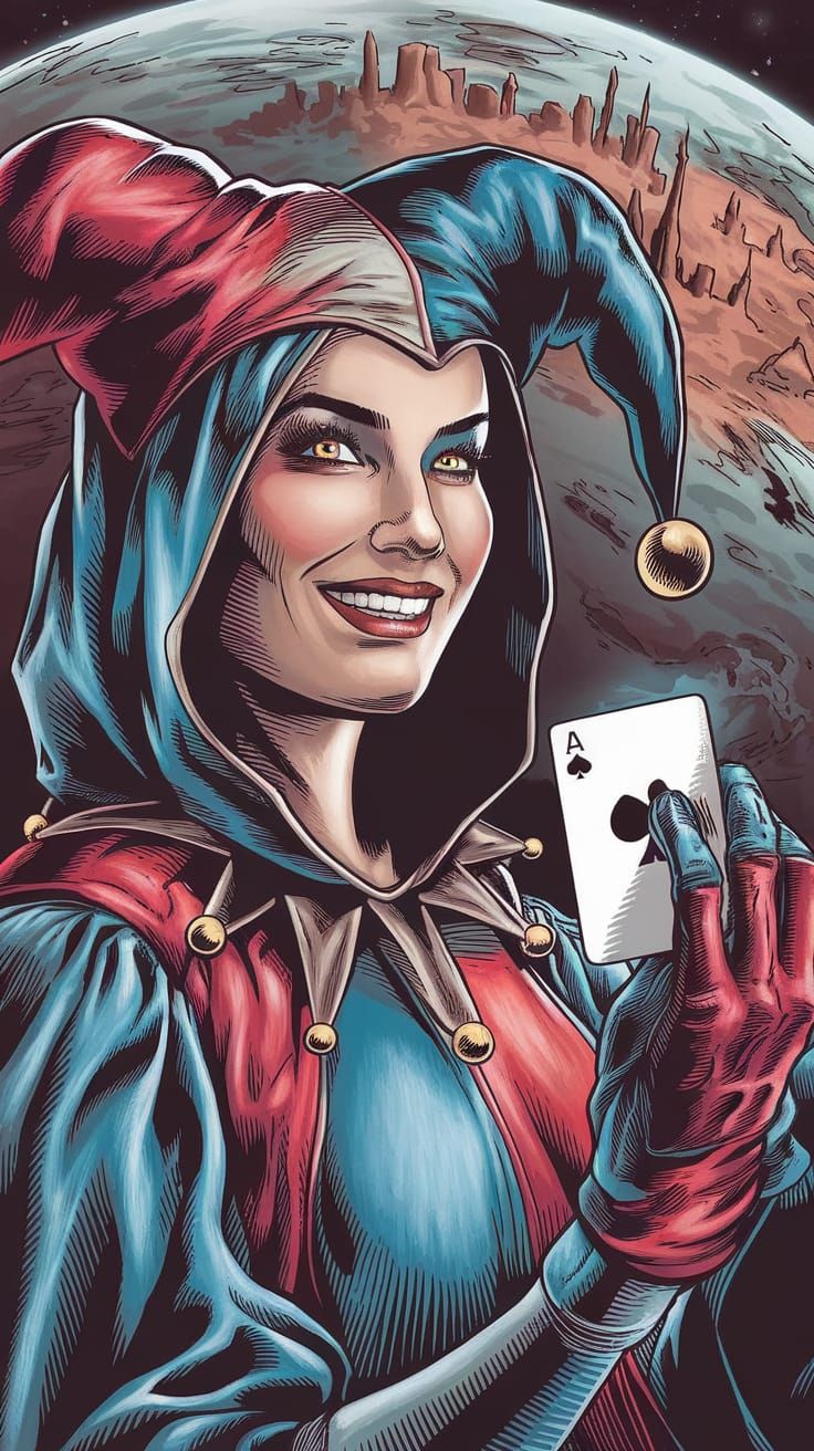Jester Destroys Planet with Playing Cards: UHD Illustration