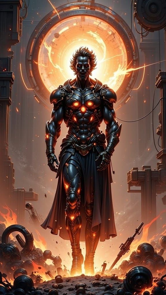 Cyborg Hephaestus Emerges from a Radiant Forge