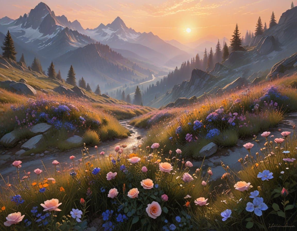 Alpine Meadow at Sunrise in Watercolor Style