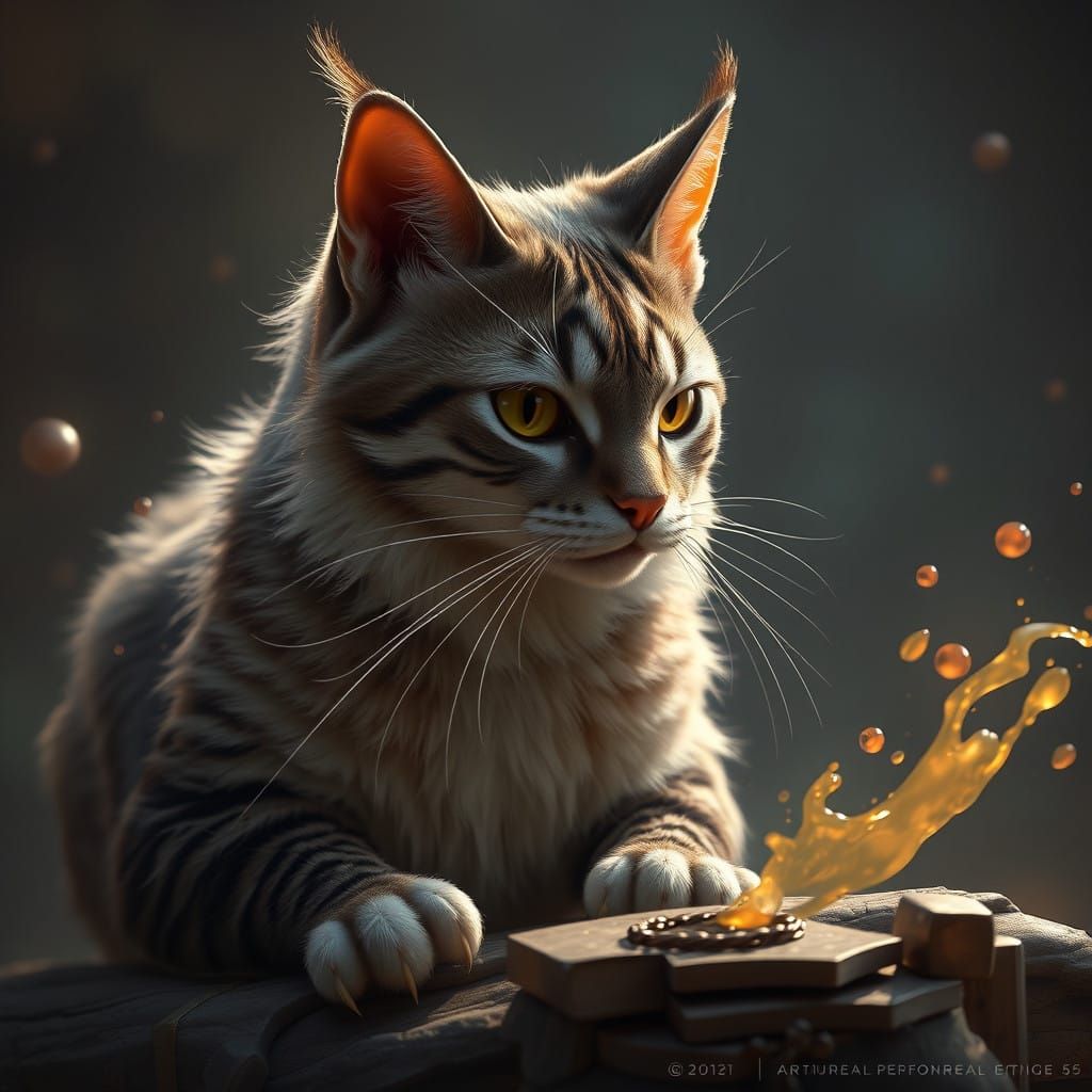 Gato Branco in a Fantastical Study Scene, Detailed Matte Pai...