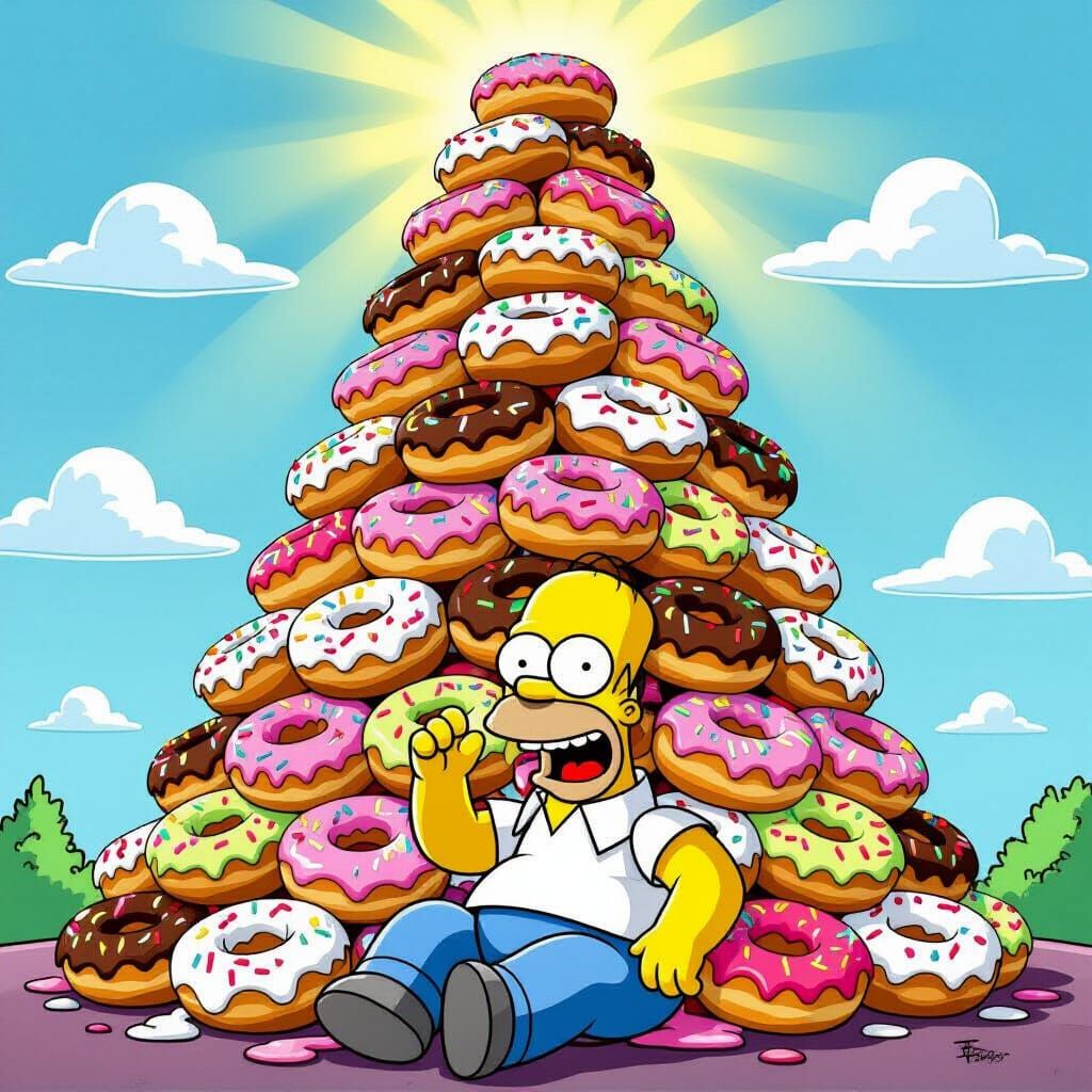 Homer Simpson Delights in a Mountain of Donuts