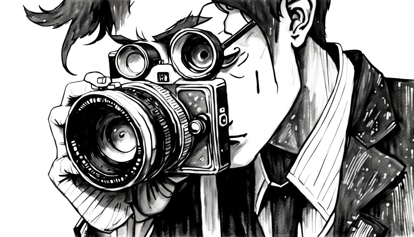 Anime Style Charcoal Drawing of Gentleman with Camera
