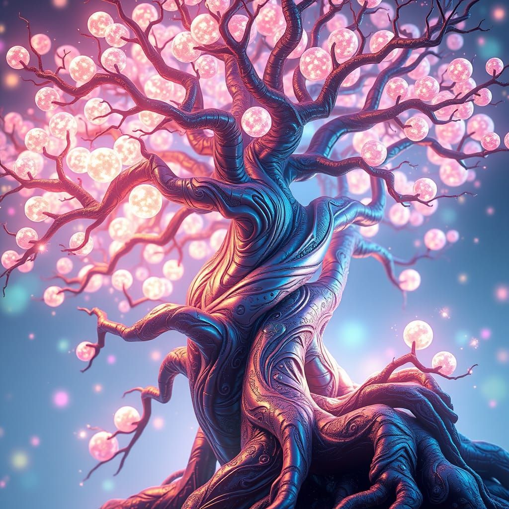 Ethereal Tree with Rainbow Orbs in Anime-Inspired Style
