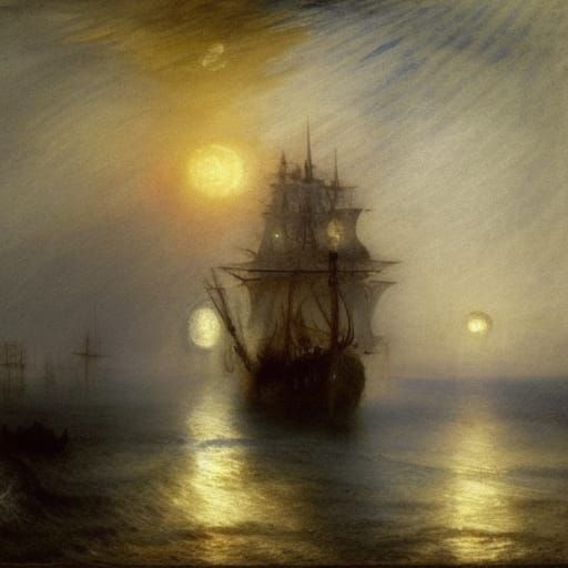 Pirate Ships in Moonlight: Dramatic Maritime Painting