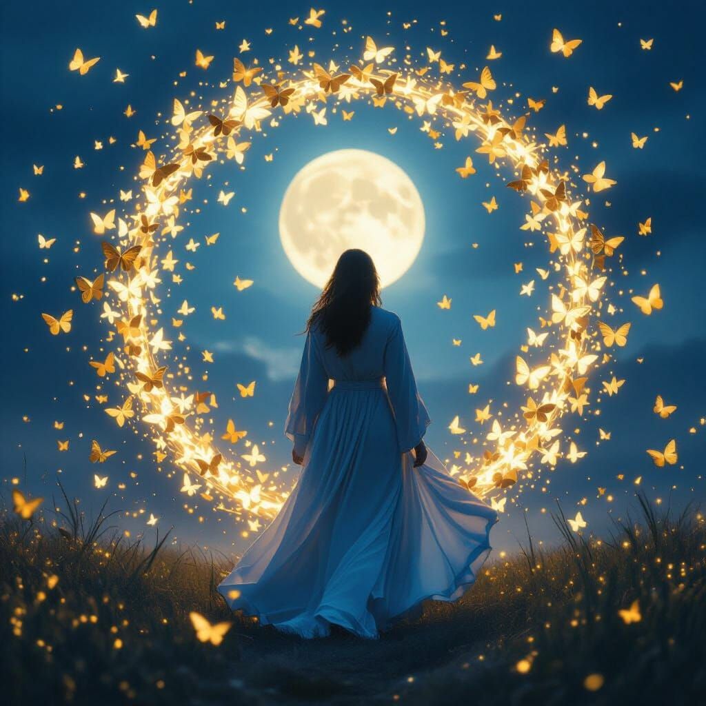 Enchanting Vortex of Butterflies and Moonlit Sky