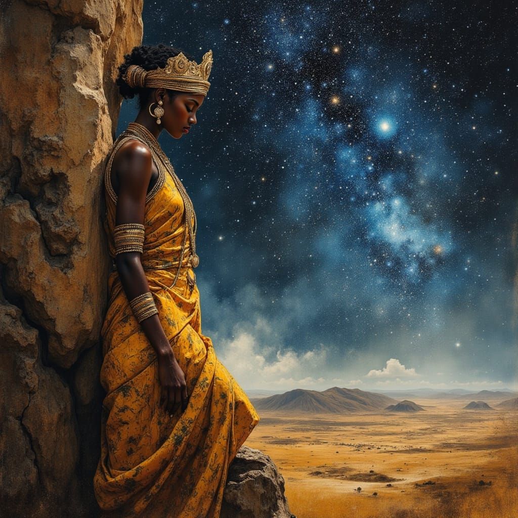 Ethiopian Queen on Cliff Overlooking Starlit Savanna