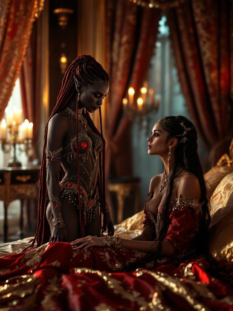Elegant Drow Elf Comforts Distraught Concubine in Luxurious ...