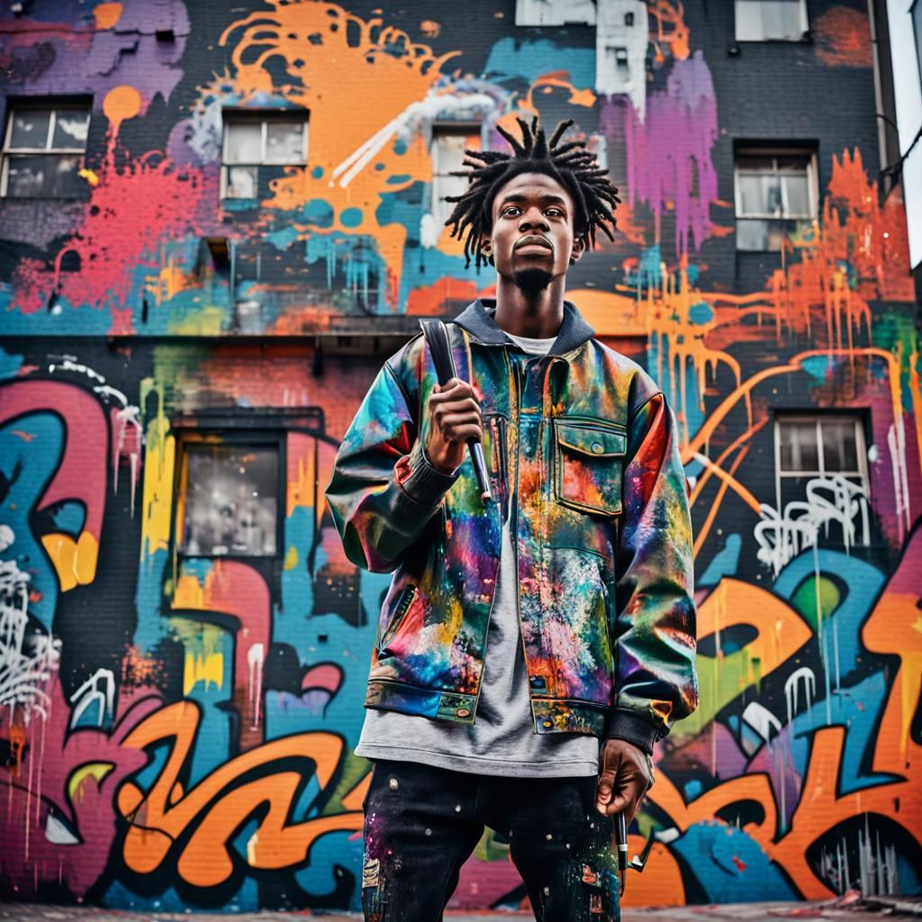 Young Artist in Front of Graffiti Mural as Digital Art