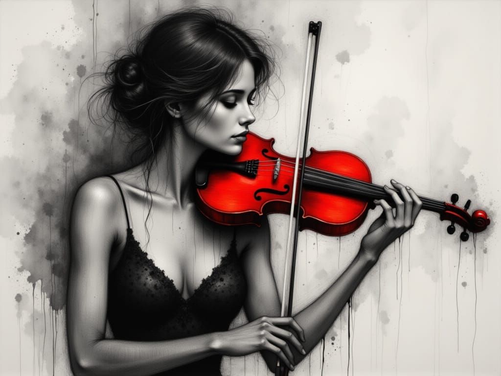 Charcoal Portrait of Woman Playing Red Violin