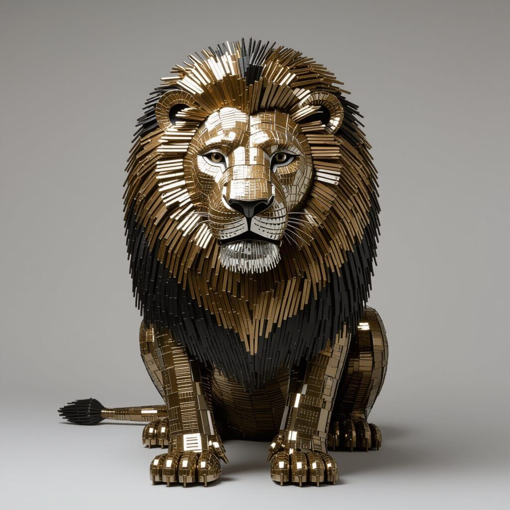 Regal Lion Sculpture Made of Metallic Nails