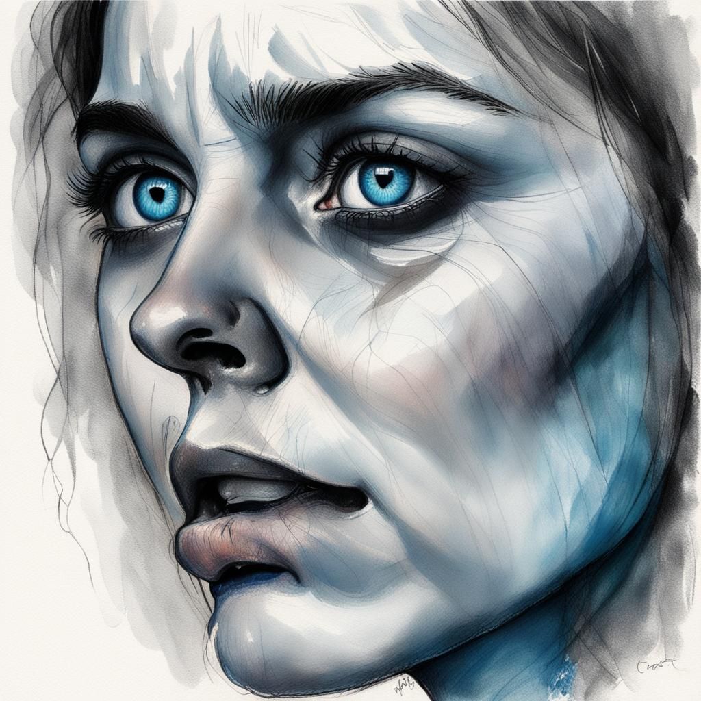 Emotional Portrait: Woman with Tear, Pastel Charcoal Sketch