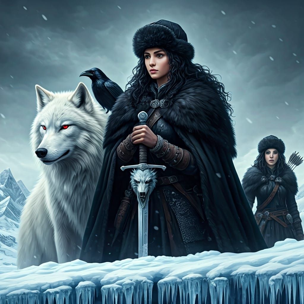 Icy Heights: Woman, Raven, and Wolf Portrait