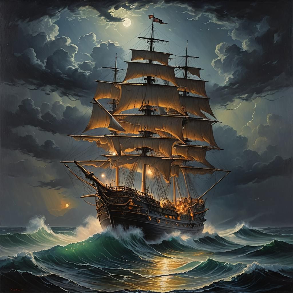 Ghost Pirate Ship in Stormy Sea, Oil Painting