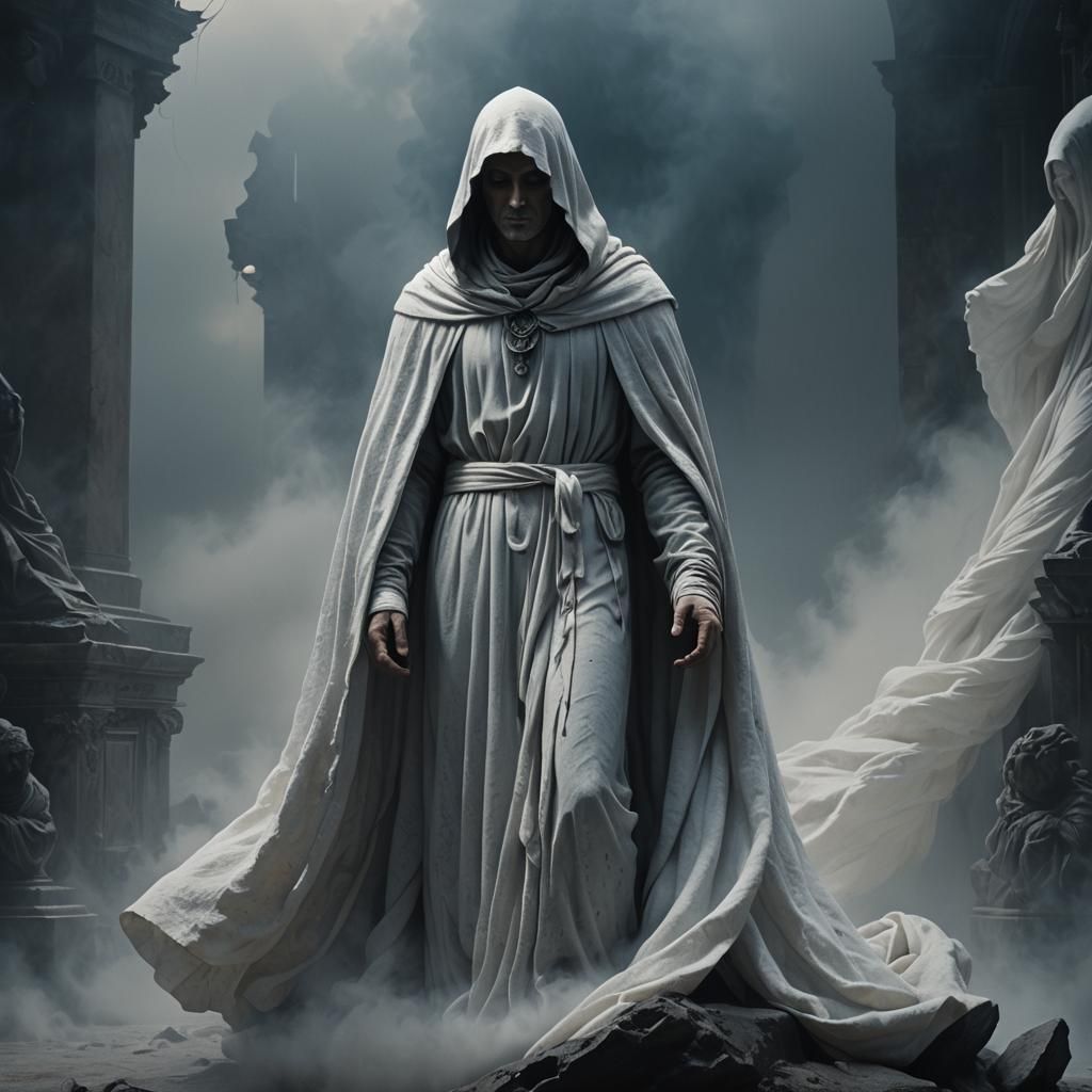 Mysterious Figure in Mist-Shrouded Crypt