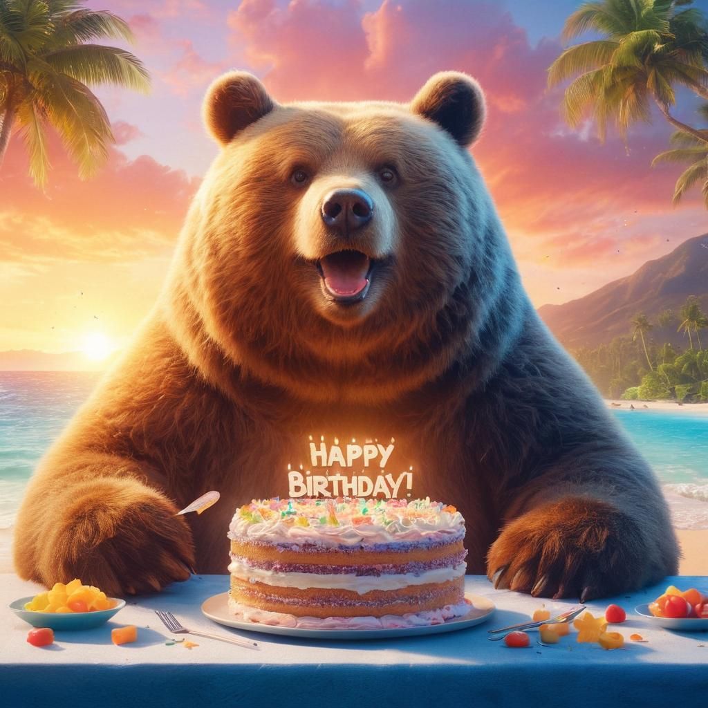 Surprised Obese Bear Enjoys Birthday Cake in Oasis