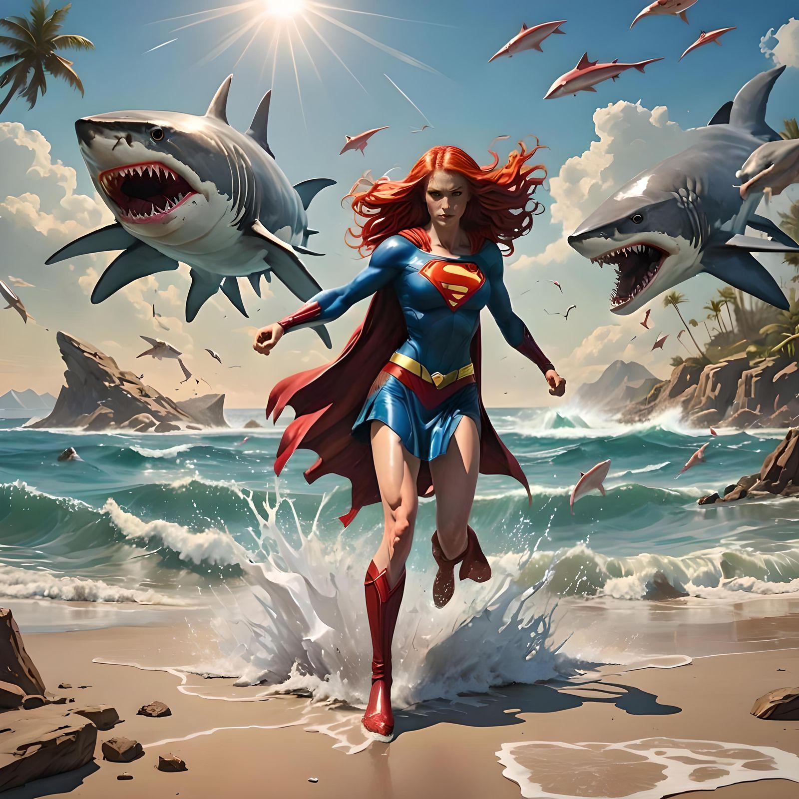 Supergirl Bikini Beach Fight in Pop Art Style