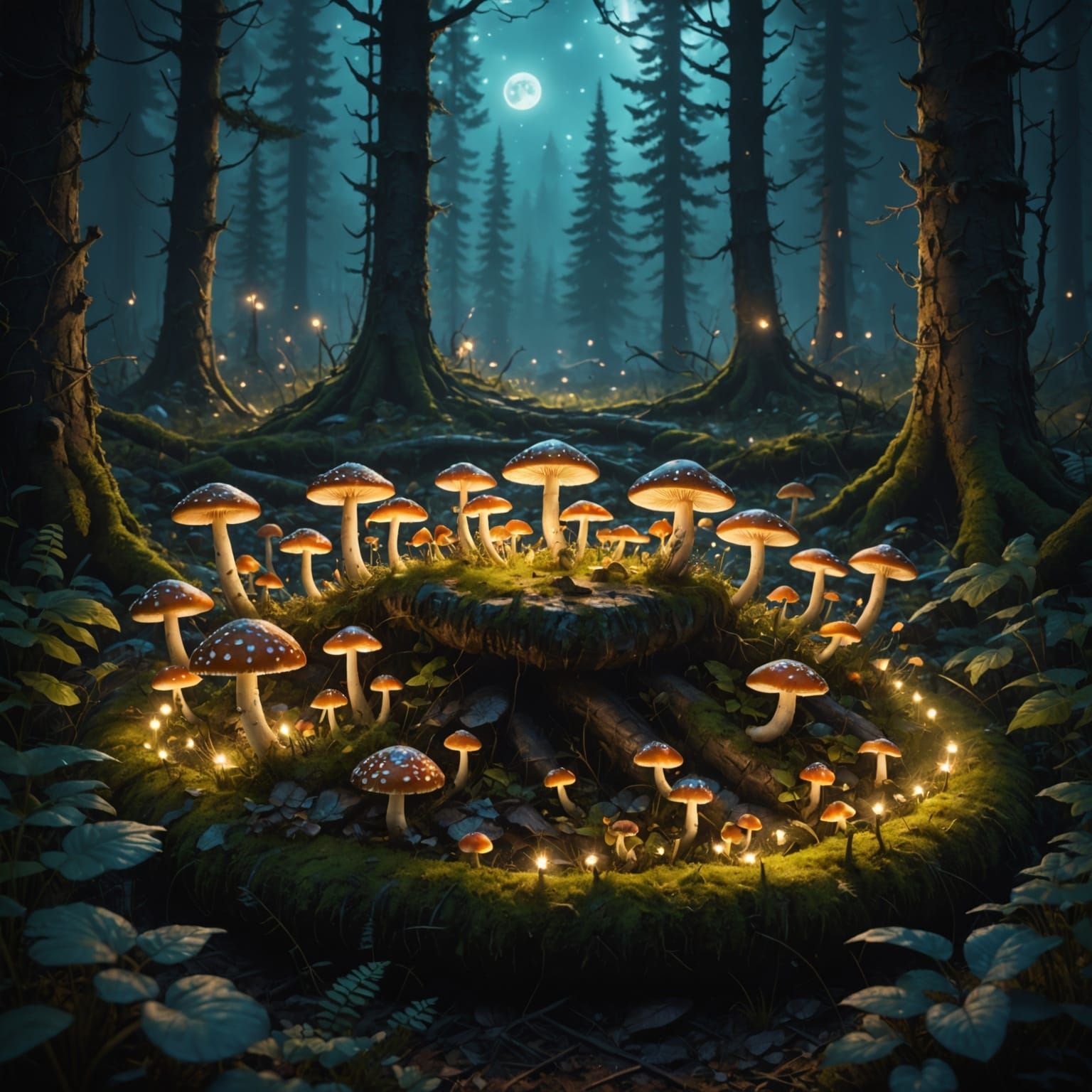 Whimsical Forest Gathering in Enchanted Night