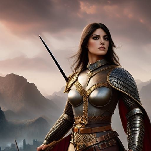 Venetian Girl Warrior in Detailed Fantasy Landscape