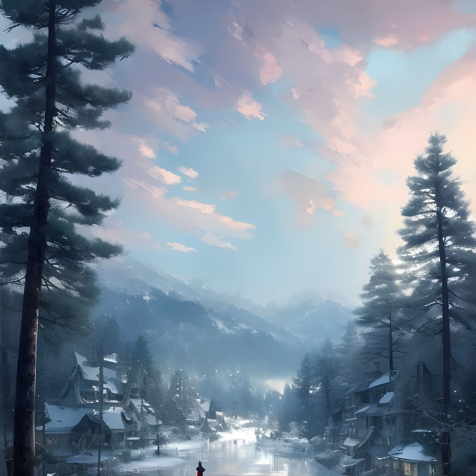 Snowy Village Sunrise in Anime Style