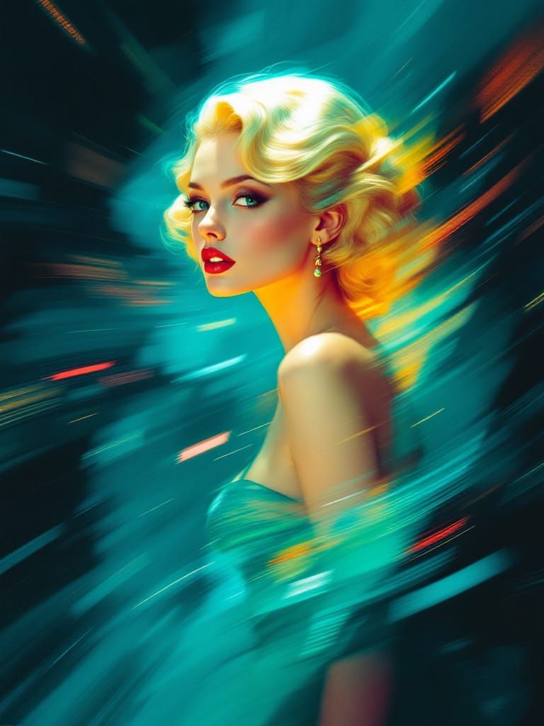 1950s Pin-Up in Turquoise and Gold: A Kinetic Portrait