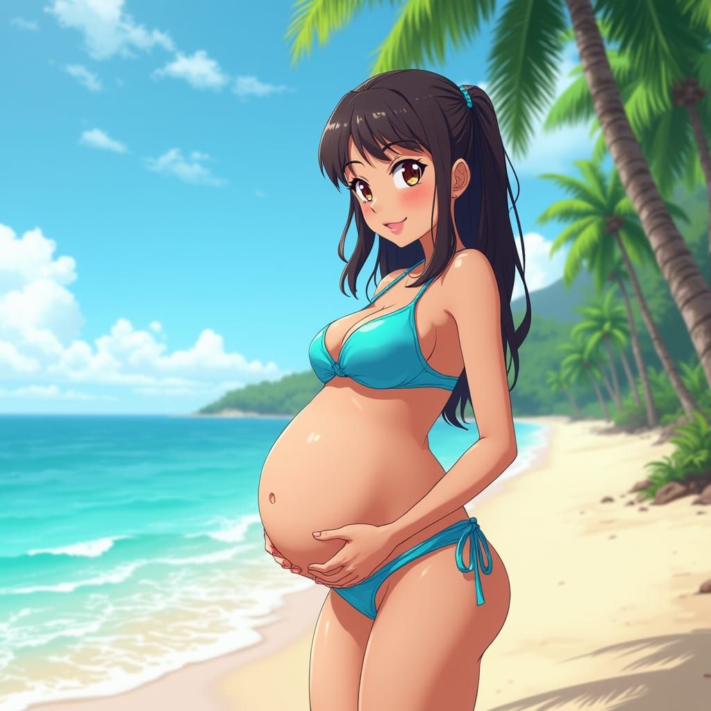 Anime Woman in Bikini on Beach with Pregnancy Bump