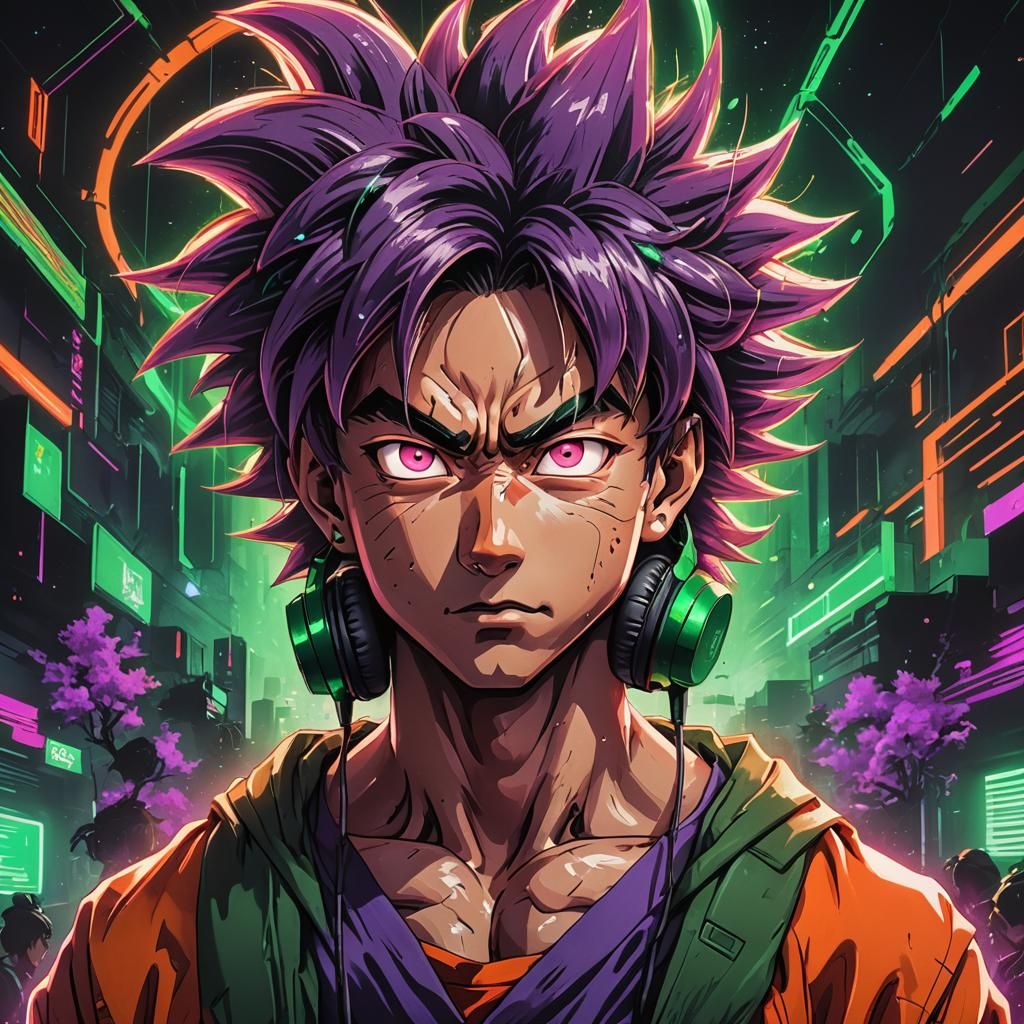 Goku Portrait with Neon Headphones, Digital Superhero Art