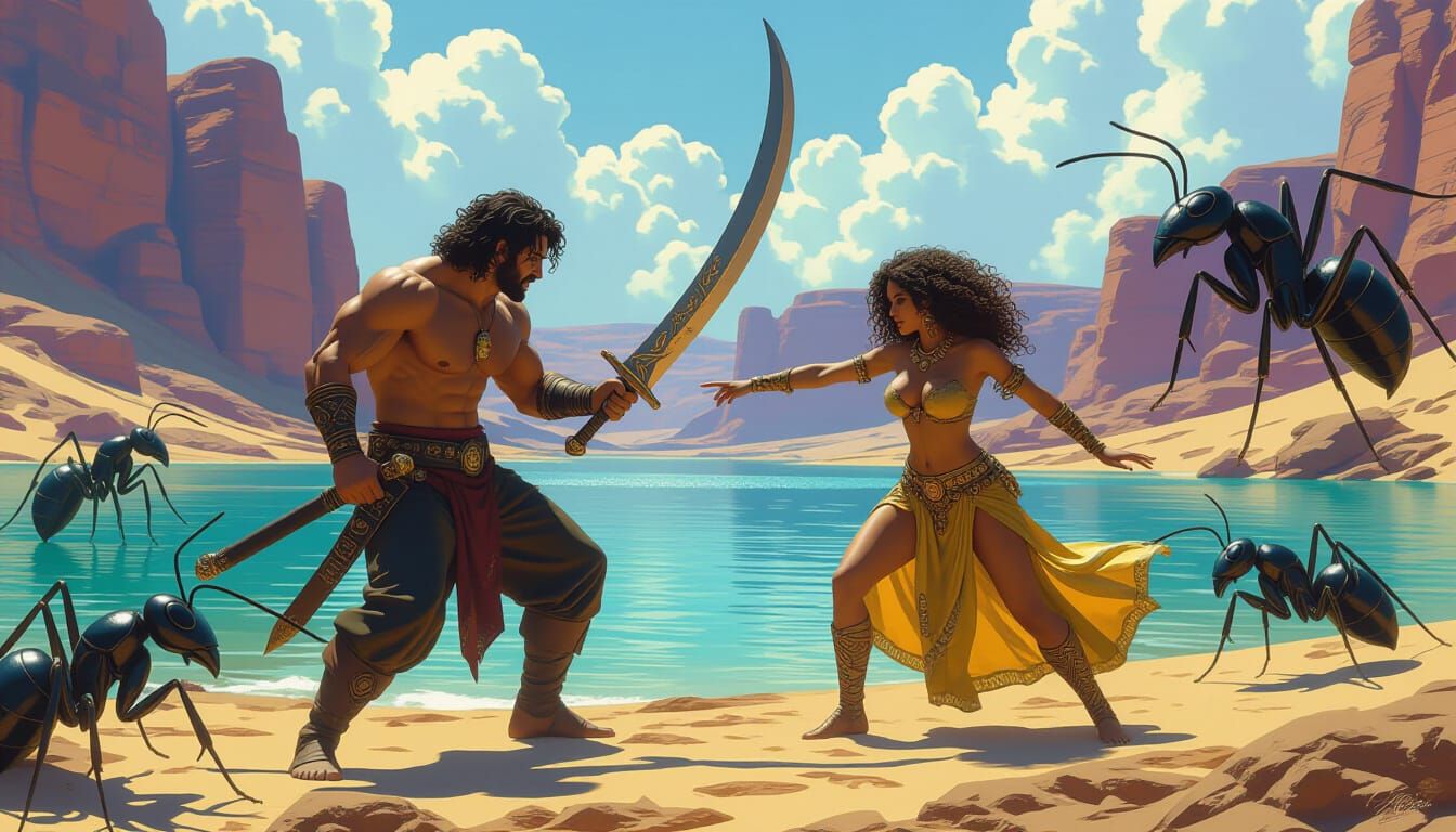 Defending Against Giant Ants in a Dark Fantasy Oasis