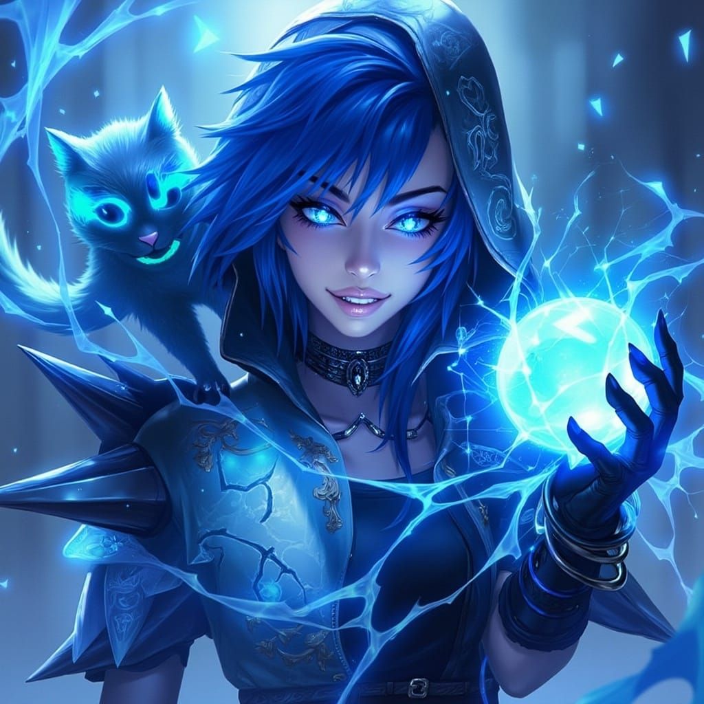 Girl with Vibrant Blue Hair, Holding a Glowing Ball, in a Cy...