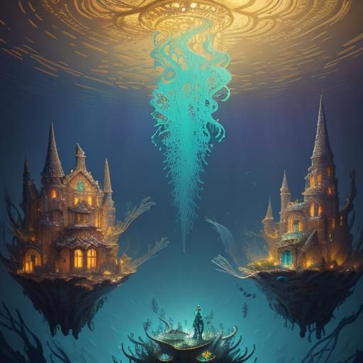 Underwater City in Teacup, Surrealist Fantasy Art