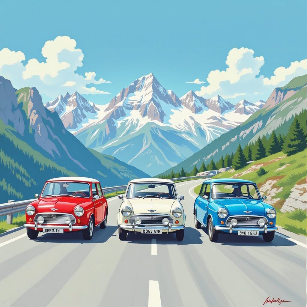 Mini Coopers in the Italian Alps: 'The Italian Job' Gouache