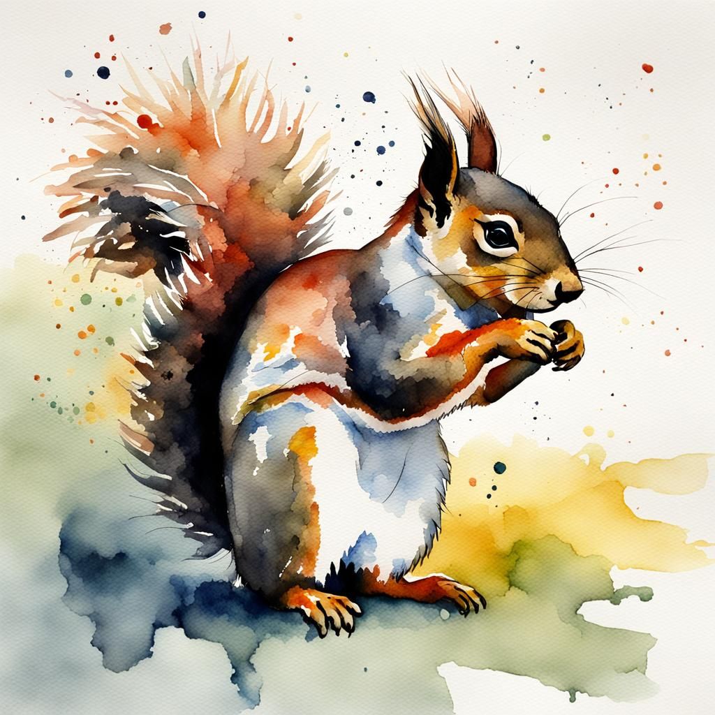 Abstract Watercolor Squirrel with Fine Details