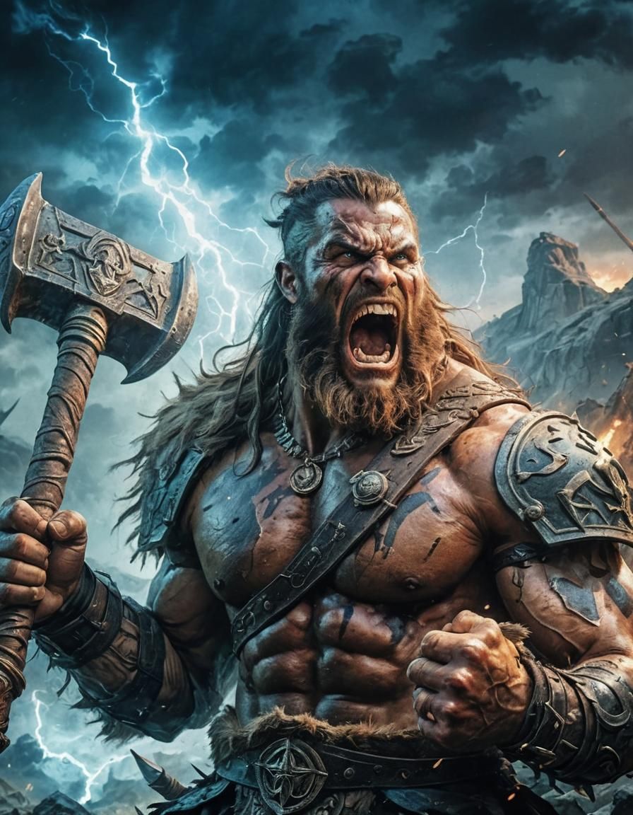 Fierce Barbarian Warrior in a Fantasy Landscape