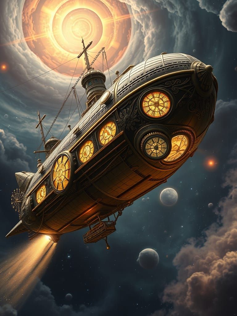 Steampunk Airship Soars Through Iridescent Nebula